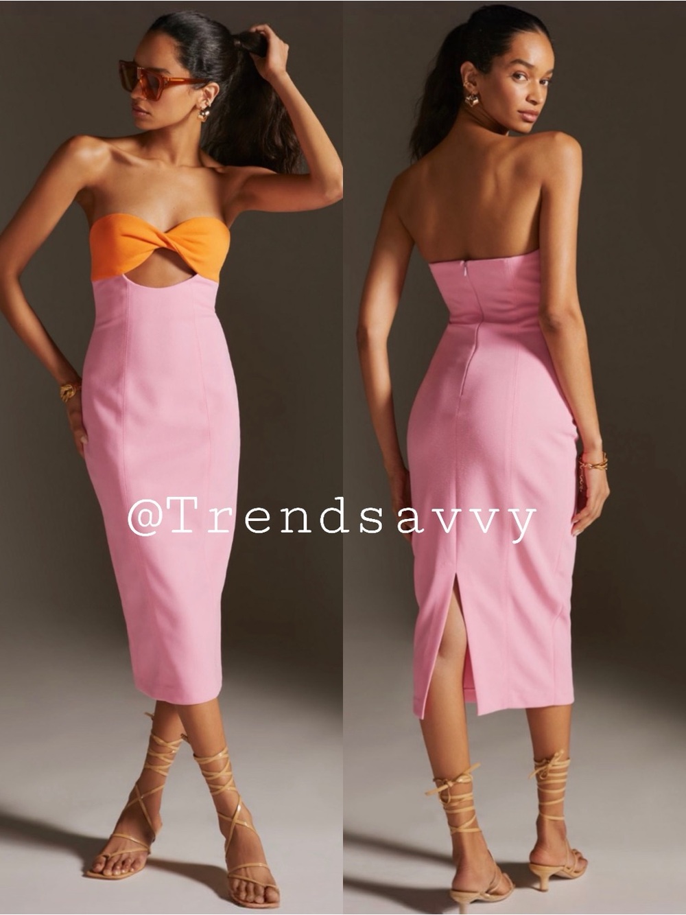 Anthropologie MISHA Pink Orange Strapless Cutout Midi Dress Size 10 Cocktail NWT